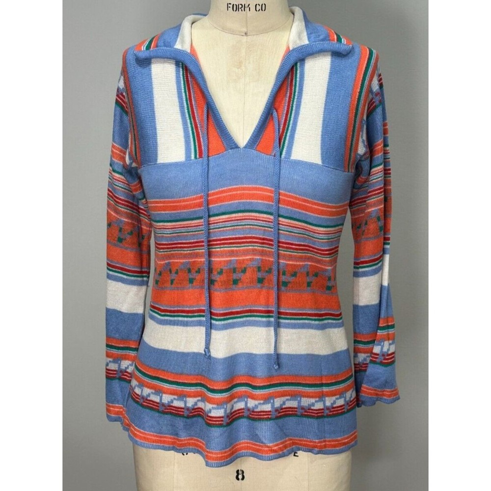 1970’s Vintage Sweater Orange Blue Size M? Boho Hippie Daisy Jones